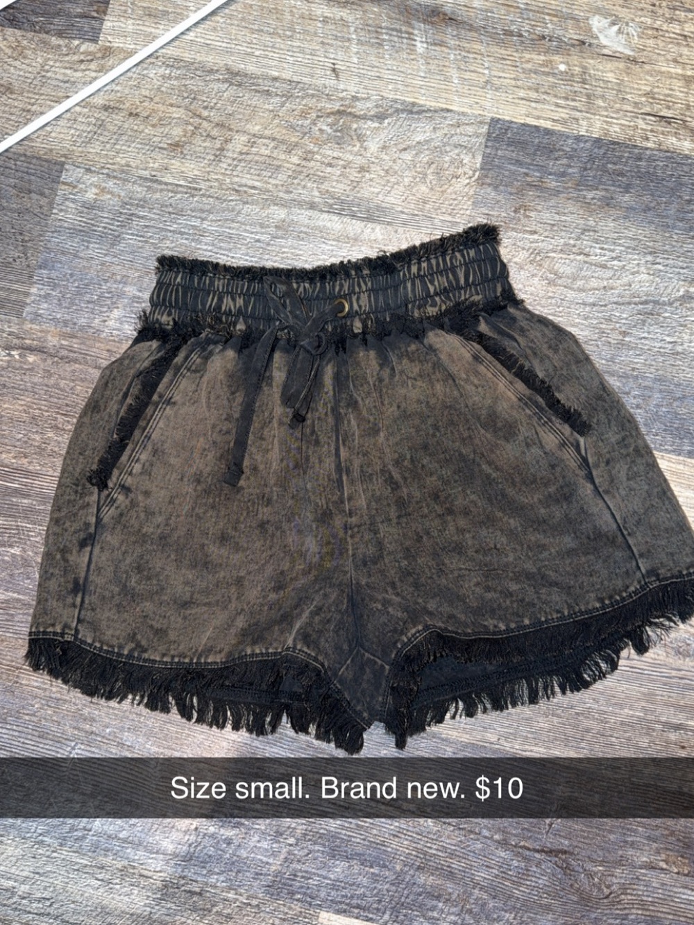 Women's Washed Black Fringe Hem Drawstring Shorts
